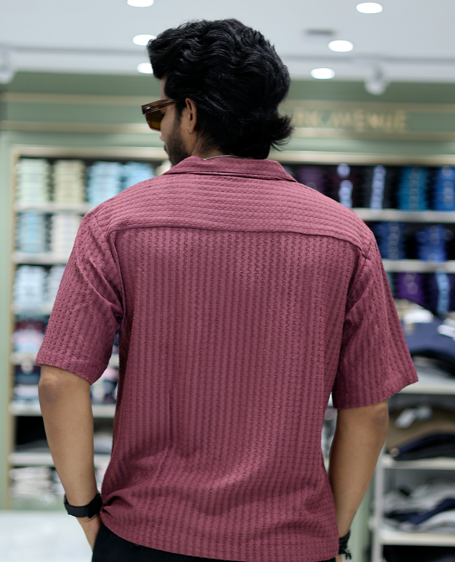 Red Cotton-Blended Casual Shirt Features Floral Embroidery, Half Sleeves, a Cuban Collar, a Boxy Fit, and a Regular Length