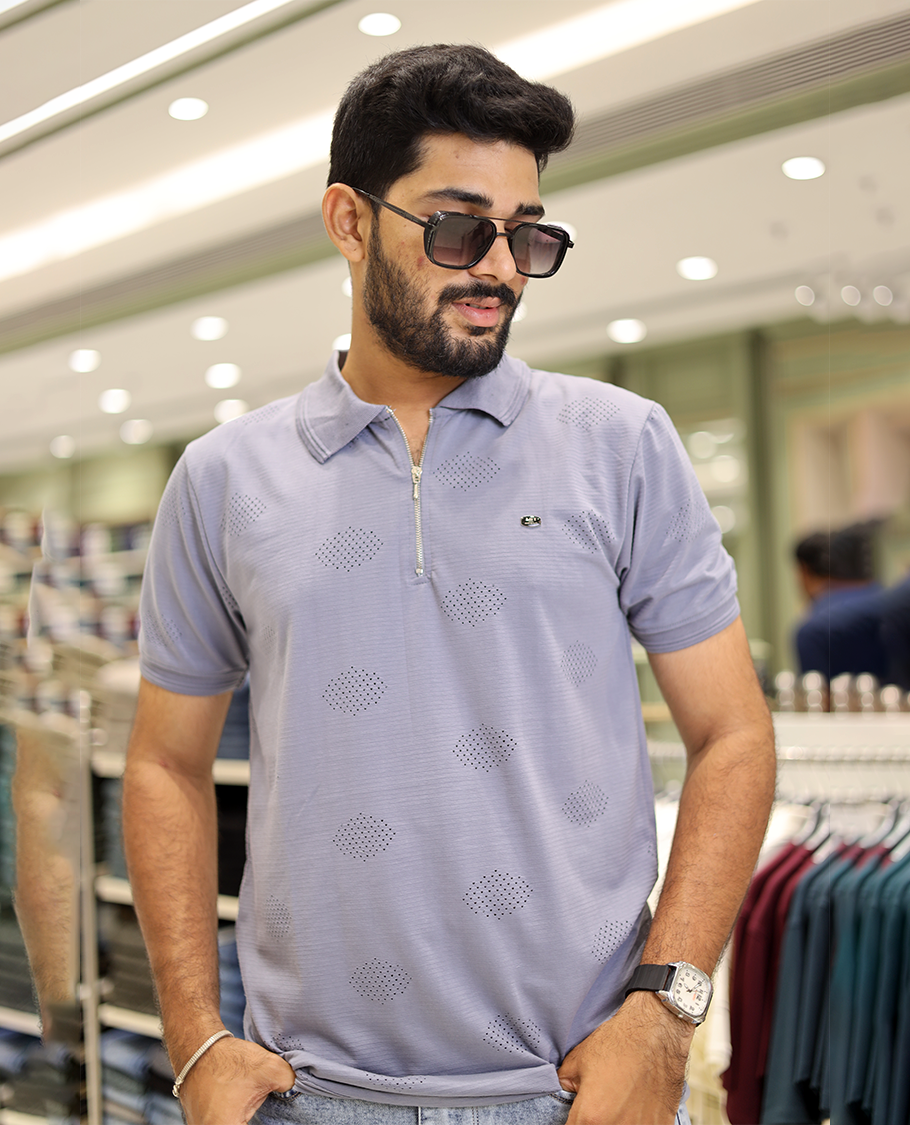 Grey Textured Cotton-Blended Laser-Cut T-Shirt Comes with Half-Sleeves, a Polo Neck, a Slim Fit, and Regular Length