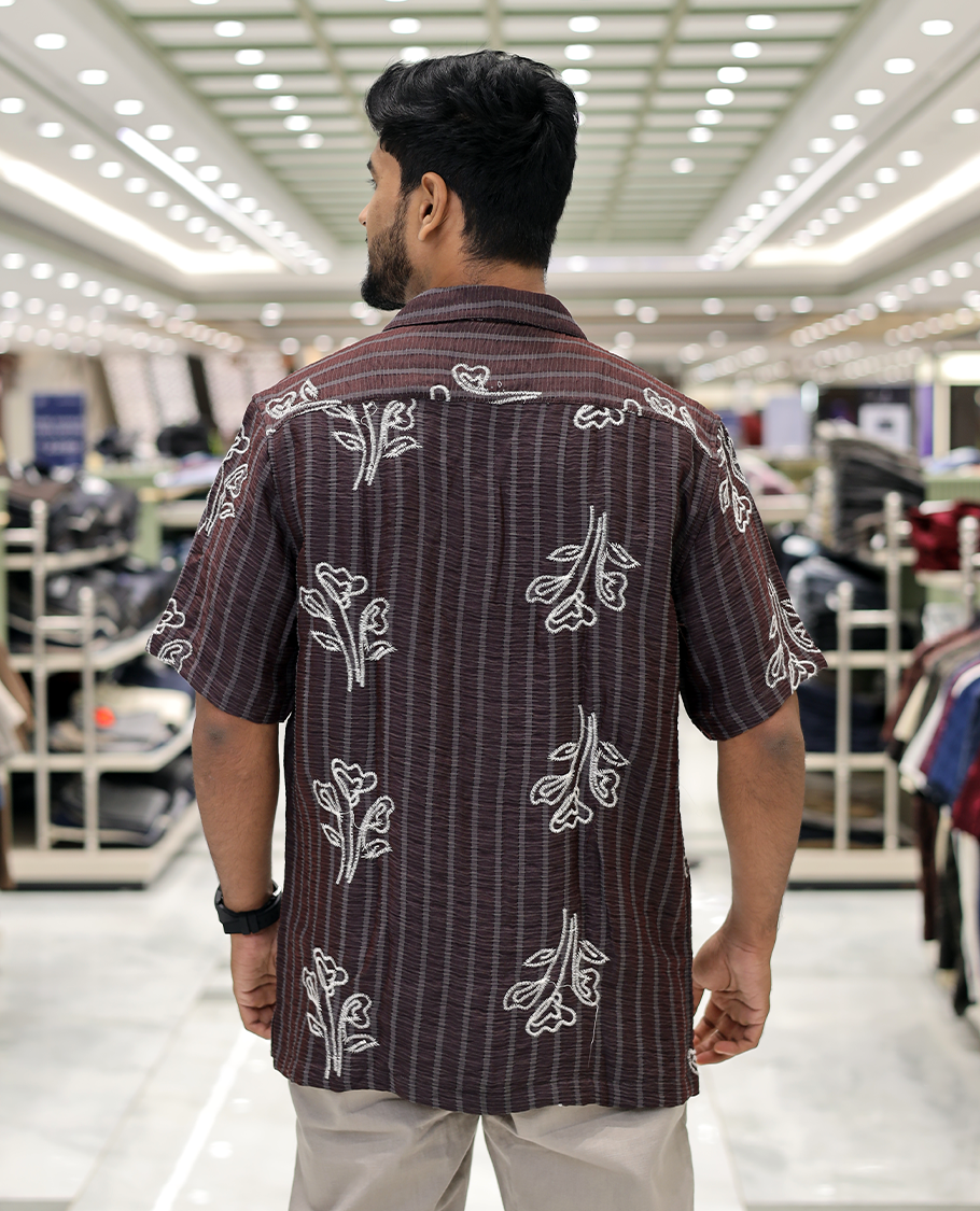 Maroon Cotton-Blended Casual Shirt, Delicately Woven with Stripes-Floral Motifs Embroidery, a Half-Sleeve, a Cuban Collar, a Boxy Fit, and Regular Length