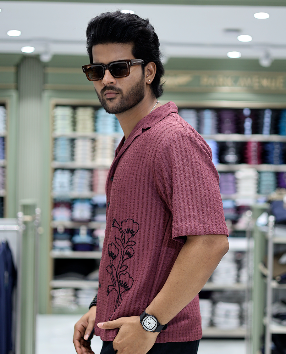 Red Cotton-Blended Casual Shirt Features Floral Embroidery, Half Sleeves, a Cuban Collar, a Boxy Fit, and a Regular Length