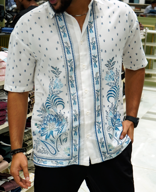 White Cotton-Blended Casual Shirt Features Tropical Floral-Paisley Print, Full Sleeves, a Spread Collar, a Slim Fit, and a Regular Length