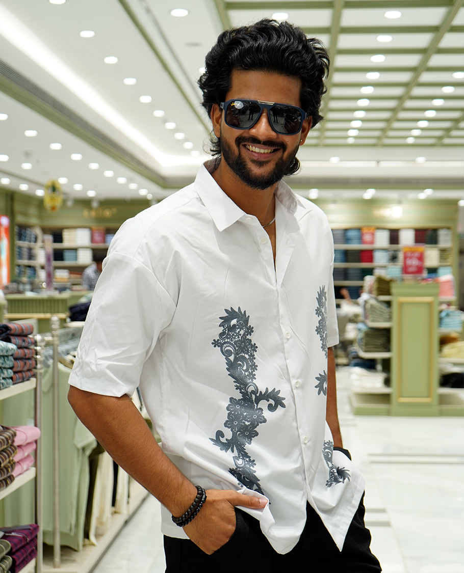White Cotton-Blended Casual Shirt Features Floral Print, Full Sleeves, a Spread Collar, a Slim Fit, and a Regular Length