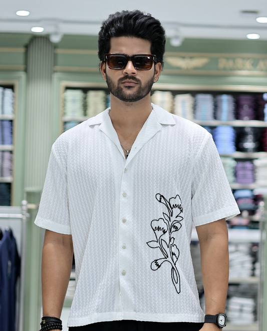 White Cotton-Blended Casual Shirt Features Floral Embroidery, Half Sleeves, a Cuban Collar, a Boxy Fit, and a Regular Length