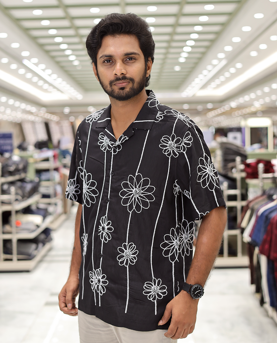 Black Cotton-Blended Casual Shirt, Delicately Woven with Floral Embroidery, a Half-Sleeve, a Cuban Collar, a Boxy Fit, and Regular Length