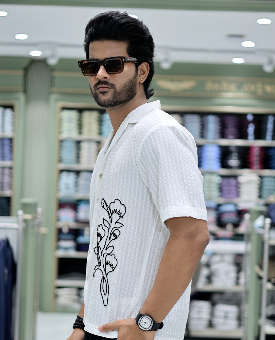 White Cotton-Blended Casual Shirt Features Floral Embroidery, Half Sleeves, a Cuban Collar, a Boxy Fit, and a Regular Length
