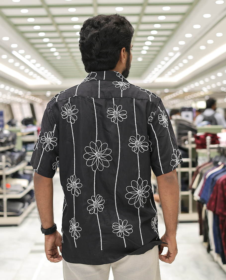 Black Cotton-Blended Casual Shirt, Delicately Woven with Floral Embroidery, a Half-Sleeve, a Cuban Collar, a Boxy Fit, and Regular Length