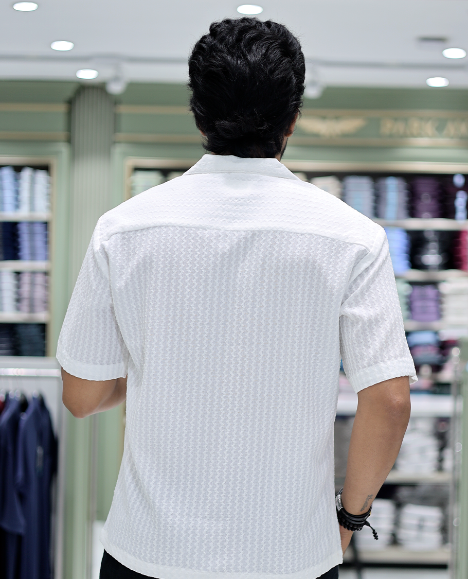White Cotton-Blended Casual Shirt Features Floral Embroidery, Half Sleeves, a Cuban Collar, a Boxy Fit, and a Regular Length