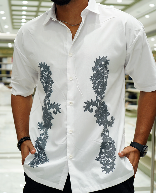 White Cotton-Blended Casual Shirt Features Floral Print, Full Sleeves, a Spread Collar, a Slim Fit, and a Regular Length