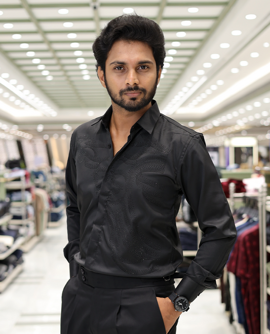 Black Poly-Blended Party Wear Shirt, Features Vines-Themed Stone Work, Full Sleeves, a Spread Collar, Slim Fit, and Regular Length 