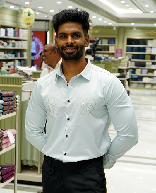 Light Blue Designer Party Wear Shirt Features Flower Work, a Spread Collar, Full Sleeves, a Slim Fit, and Regular Length