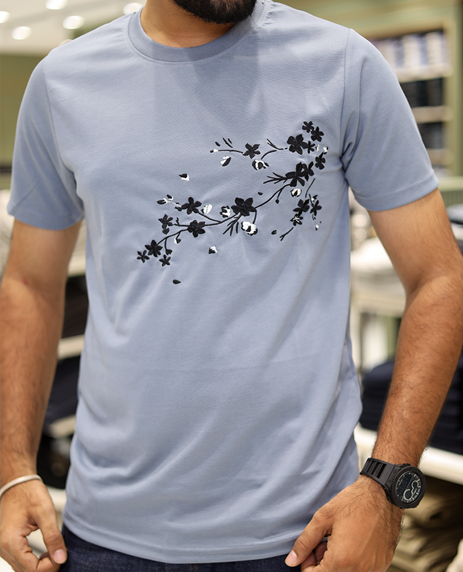 Airforce Blue Cotton-Blended T-Shirt Comes with Floral Embroidered Motifs, Half-Sleeves, a Crew Neck, a Slim Fit, and Regular Length