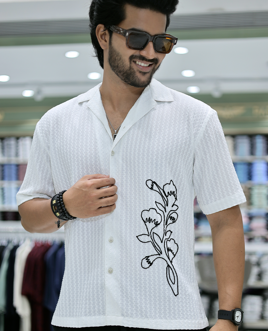 White Cotton-Blended Casual Shirt Features Floral Embroidery, Half Sleeves, a Cuban Collar, a Boxy Fit, and a Regular Length