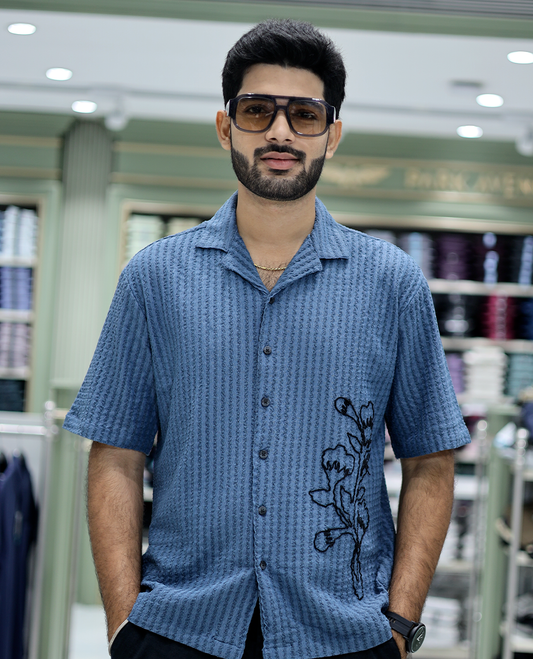 Blue Cotton-Blended Casual Shirt Features Floral Embroidery, Half Sleeves, a Cuban Collar, a Boxy Fit, and a Regular Length