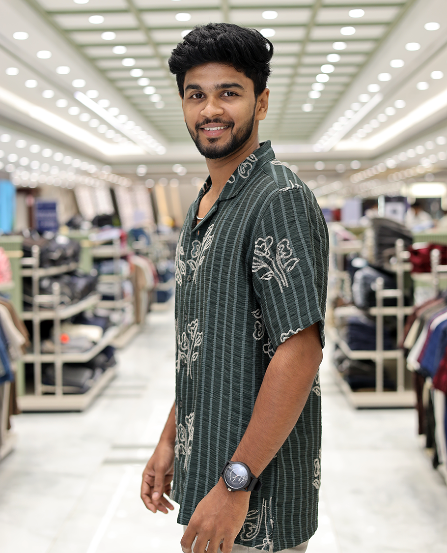 Green Cotton-Blended Casual Shirt, Delicately Woven with Stripes-Floral Motifs Embroidery, a Half-Sleeve, a Cuban Collar, a Boxy Fit, and Regular Length