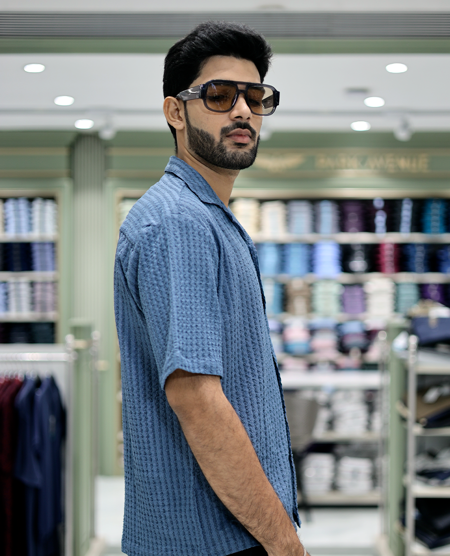 Blue Cotton-Blended Casual Shirt Features Floral Embroidery, Half Sleeves, a Cuban Collar, a Boxy Fit, and a Regular Length