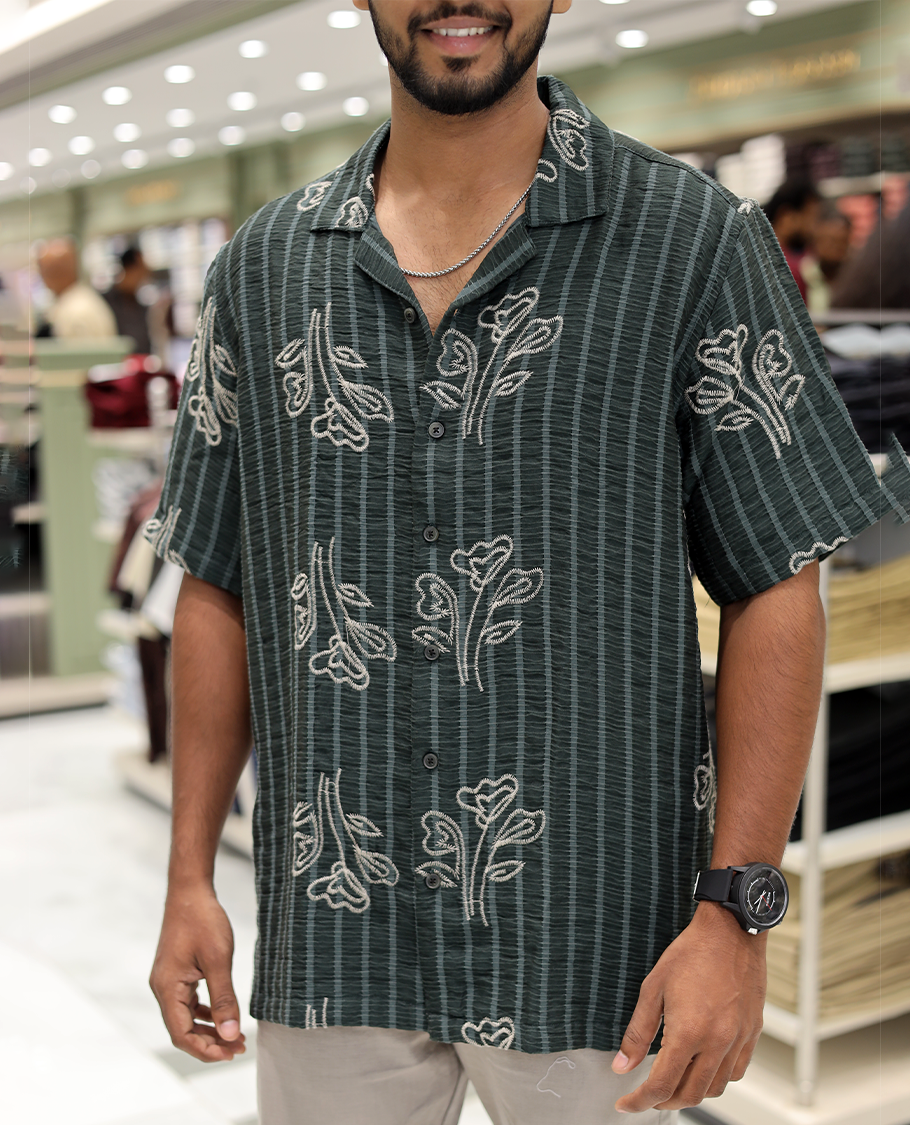 Green Cotton-Blended Casual Shirt, Delicately Woven with Stripes-Floral Motifs Embroidery, a Half-Sleeve, a Cuban Collar, a Boxy Fit, and Regular Length