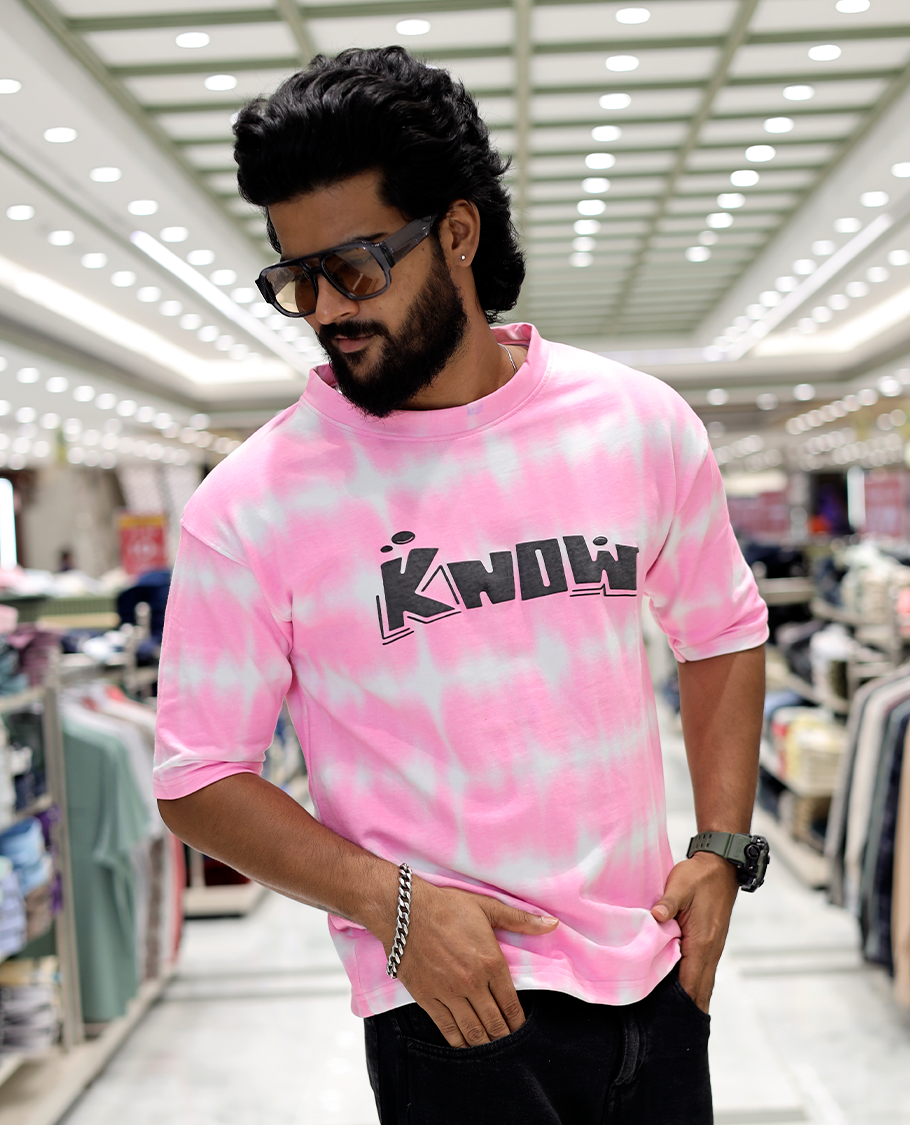 Pink Oversized Cotton-Blended T-Shirt Features an Abstract Dyed Typography Print, Half-Sleeves, Crew Neck, and Regular Length