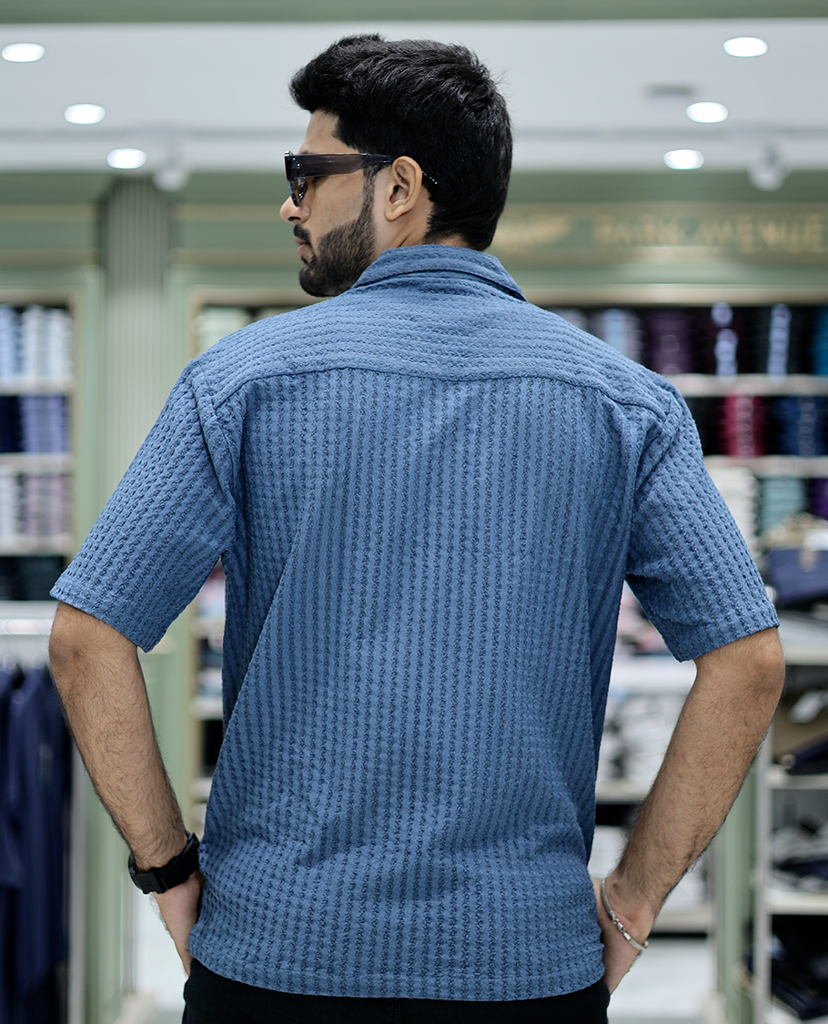Blue Cotton-Blended Casual Shirt Features Floral Embroidery, Half Sleeves, a Cuban Collar, a Boxy Fit, and a Regular Length