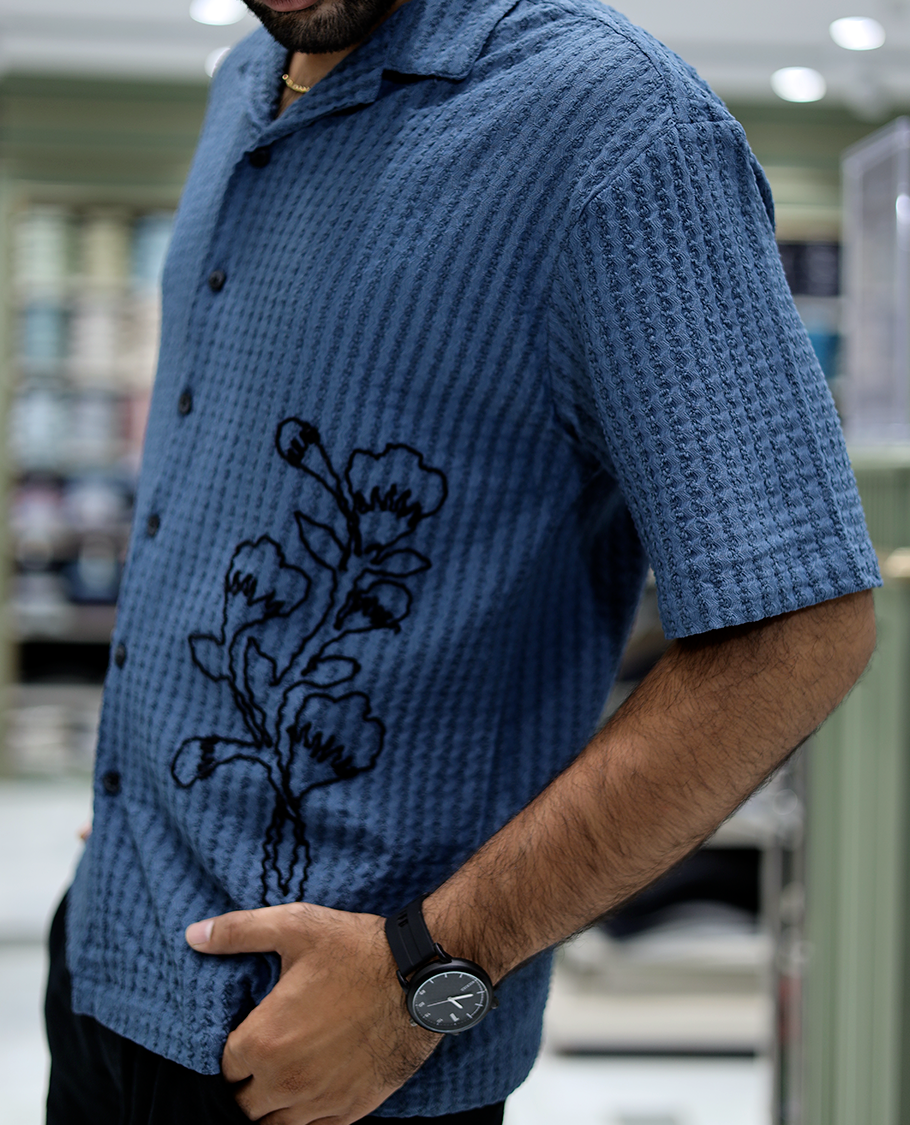 Blue Cotton-Blended Casual Shirt Features Floral Embroidery, Half Sleeves, a Cuban Collar, a Boxy Fit, and a Regular Length