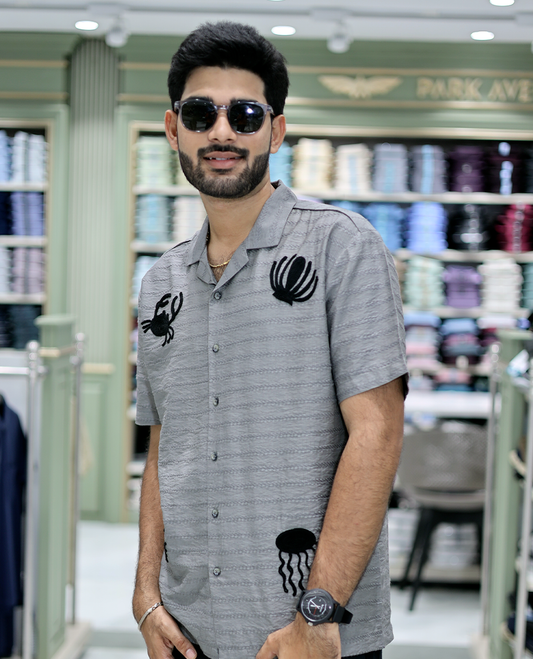 Grey Cotton-Blended Casual Shirt Comes with Sea-Themed Embroidery, Half Sleeves, a Cuban Collar, a Boxy Fit, and a Regular Length