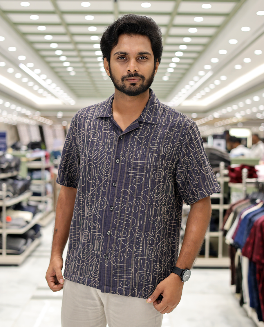 Navy Cotton-Blended Casual Shirt, Delicately Woven with Geometric Thread Outline Embroidery, a Half-Sleeve, a Cuban Collar, a Boxy Fit, and Regular Length