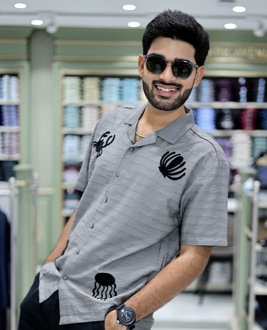 Grey Cotton-Blended Casual Shirt Comes with Sea-Themed Embroidery, Half Sleeves, a Cuban Collar, a Boxy Fit, and a Regular Length