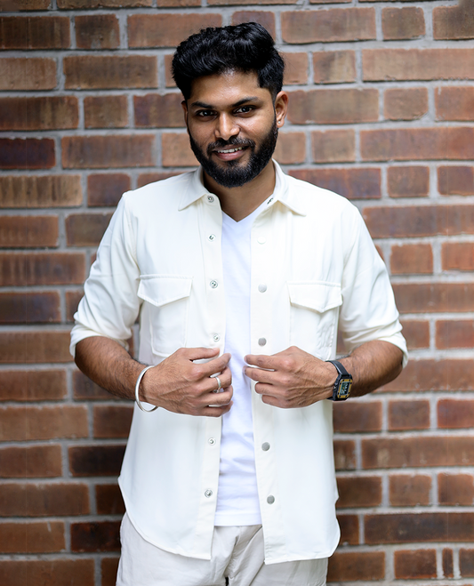 White Solid Poly-Blended Casual Shirt Featuring Full Sleeves, a Spread Collar, a Slim Fit, and Regular Length