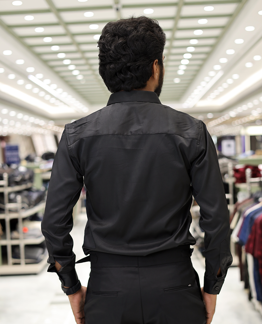 Black Poly-Blended Party Wear Shirt, Features Vines-Themed Stone Work, Full Sleeves, a Spread Collar, Slim Fit, and Regular Length 