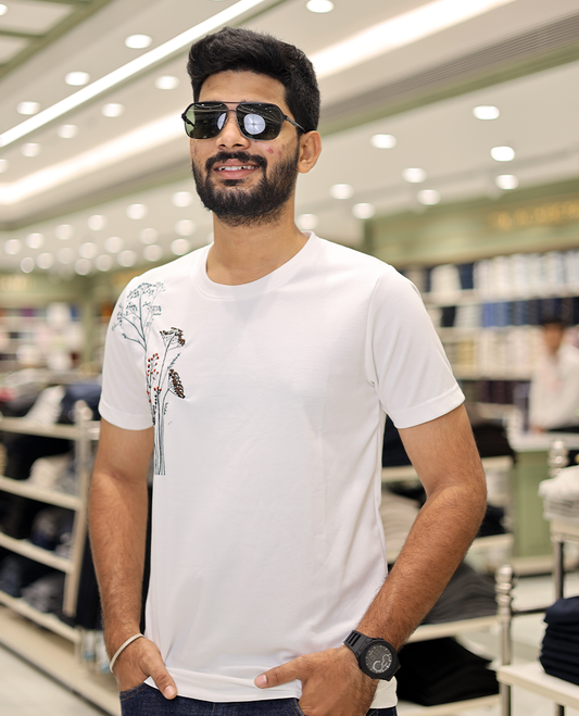 White Cotton-Blended T-Shirt Comes with Floral-Theme Embroidered Motifs, Half-Sleeves, a Crew Neck, a Slim Fit, and Regular Length