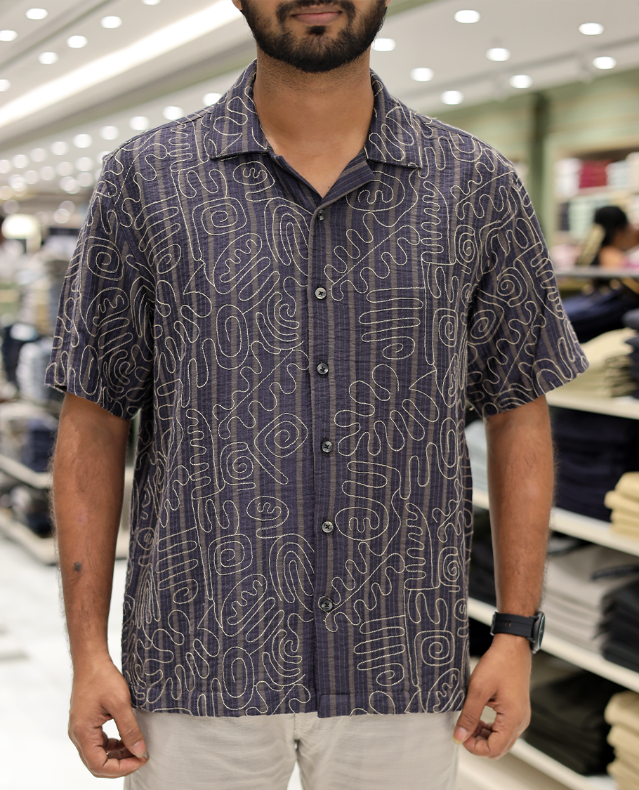 Navy Cotton-Blended Casual Shirt, Delicately Woven with Geometric Thread Outline Embroidery, a Half-Sleeve, a Cuban Collar, a Boxy Fit, and Regular Length