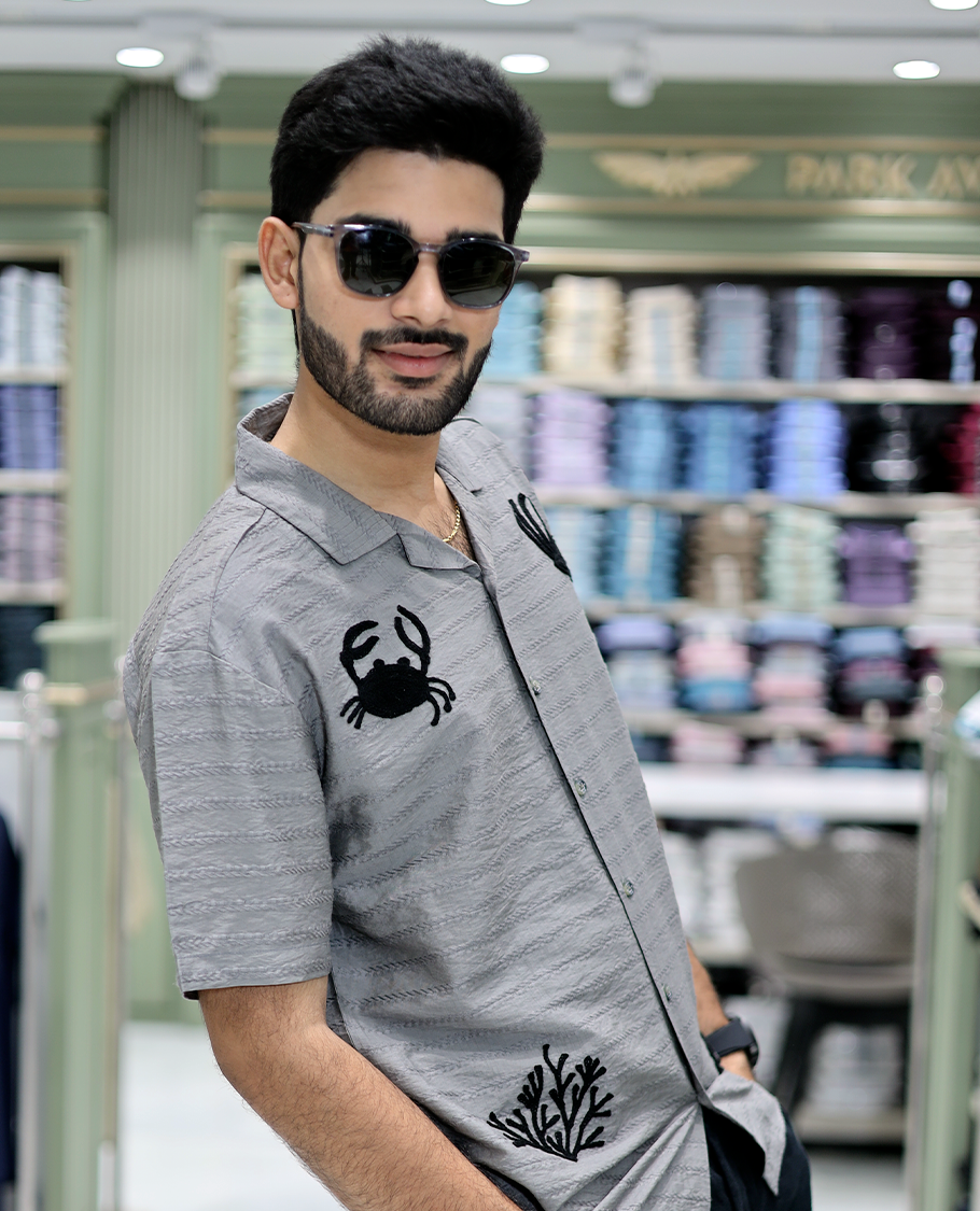 Grey Cotton-Blended Casual Shirt Comes with Sea-Themed Embroidery, Half Sleeves, a Cuban Collar, a Boxy Fit, and a Regular Length