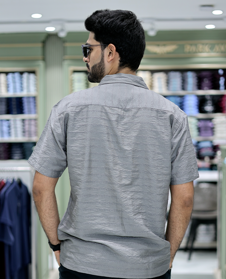 Grey Cotton-Blended Casual Shirt Comes with Sea-Themed Embroidery, Half Sleeves, a Cuban Collar, a Boxy Fit, and a Regular Length