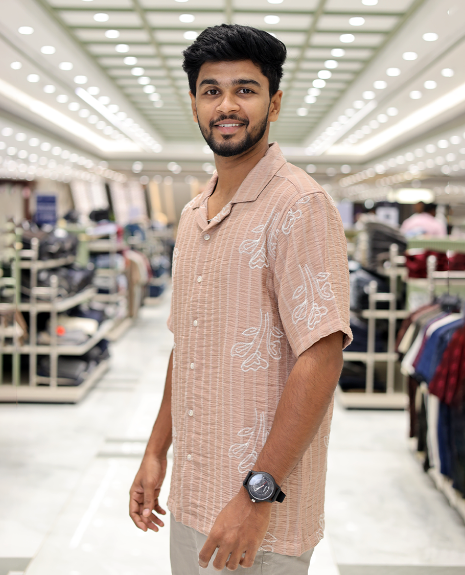 Salmon Cotton-Blended Casual Shirt, Delicately Woven with Stripes-Floral Motifs Embroidery, a Half-Sleeve, a Cuban Collar, a Boxy Fit, and Regular Length