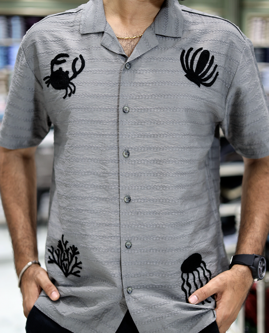Grey Cotton-Blended Casual Shirt Comes with Sea-Themed Embroidery, Half Sleeves, a Cuban Collar, a Boxy Fit, and a Regular Length