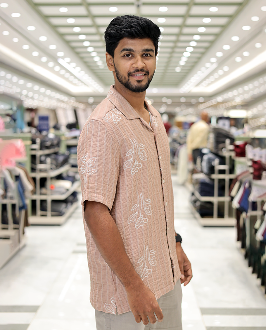 Salmon Cotton-Blended Casual Shirt, Delicately Woven with Stripes-Floral Motifs Embroidery, a Half-Sleeve, a Cuban Collar, a Boxy Fit, and Regular Length