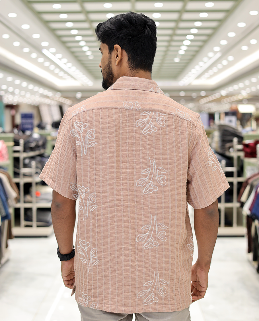 Salmon Cotton-Blended Casual Shirt, Delicately Woven with Stripes-Floral Motifs Embroidery, a Half-Sleeve, a Cuban Collar, a Boxy Fit, and Regular Length