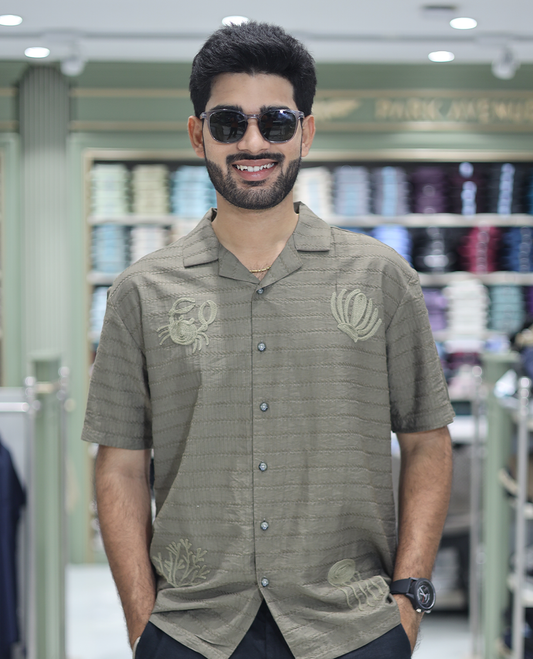 Green Cotton-Blended Casual Shirt Comes with Sea-Themed Embroidery, Half Sleeves, a Cuban Collar, a Boxy Fit, and a Regular Length