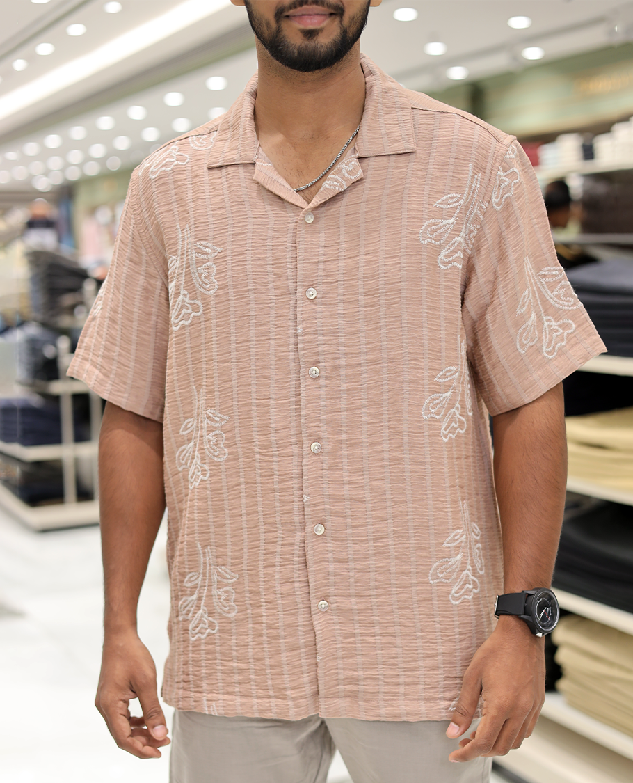 Salmon Cotton-Blended Casual Shirt, Delicately Woven with Stripes-Floral Motifs Embroidery, a Half-Sleeve, a Cuban Collar, a Boxy Fit, and Regular Length