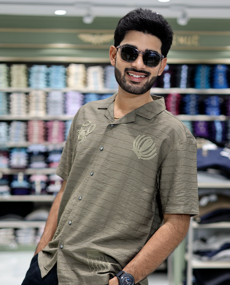 Green Cotton-Blended Casual Shirt Comes with Sea-Themed Embroidery, Half Sleeves, a Cuban Collar, a Boxy Fit, and a Regular Length