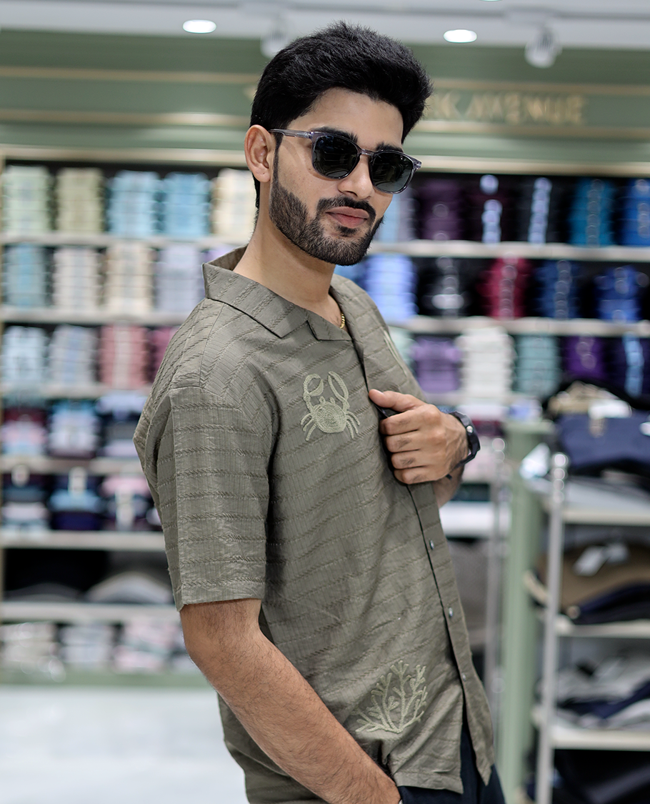 Green Cotton-Blended Casual Shirt Comes with Sea-Themed Embroidery, Half Sleeves, a Cuban Collar, a Boxy Fit, and a Regular Length