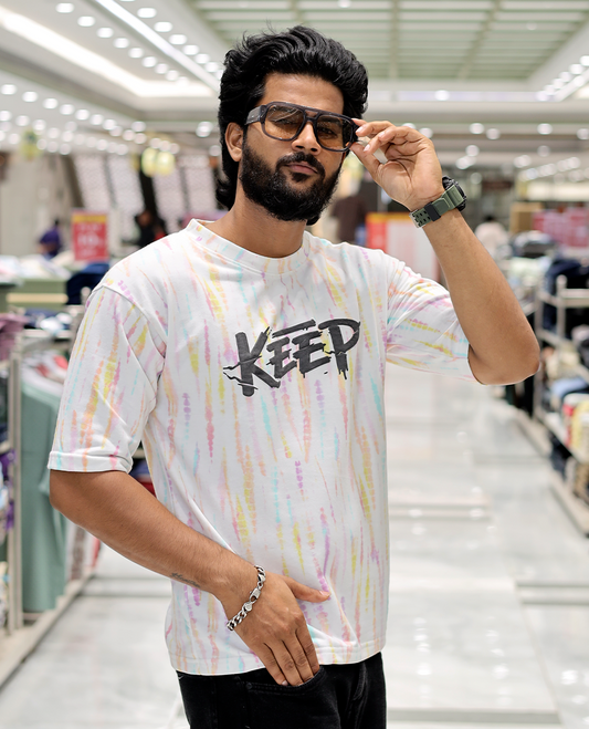 White Oversized Cotton-Blended T-Shirt Features an Abstract Dyed Typography Print, Half-Sleeves, Crew Neck, and Regular Length