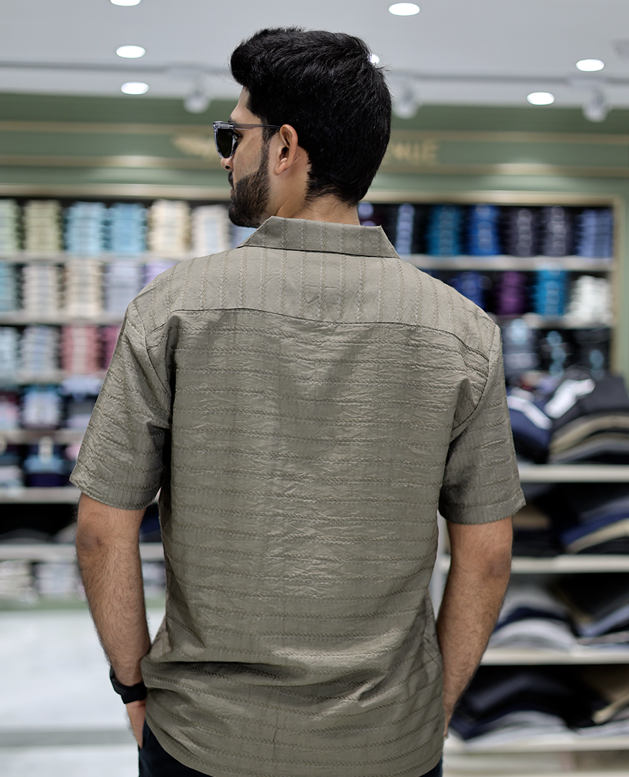 Green Cotton-Blended Casual Shirt Comes with Sea-Themed Embroidery, Half Sleeves, a Cuban Collar, a Boxy Fit, and a Regular Length