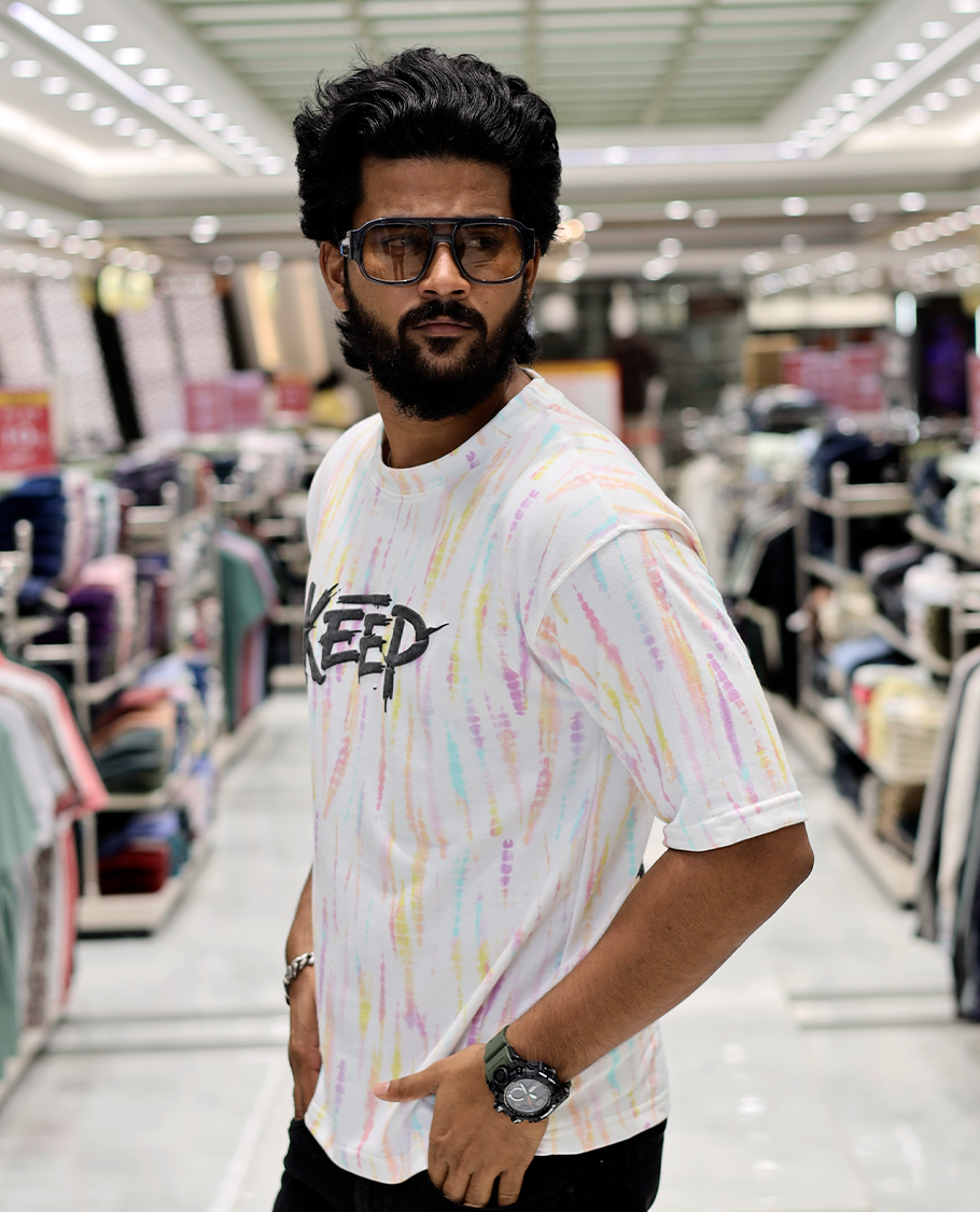 White Oversized Cotton-Blended T-Shirt Features an Abstract Dyed Typography Print, Half-Sleeves, Crew Neck, and Regular Length