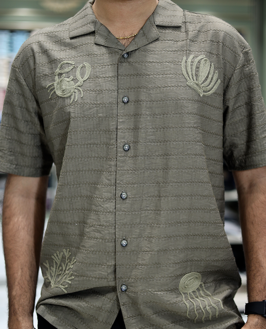 Green Cotton-Blended Casual Shirt Comes with Sea-Themed Embroidery, Half Sleeves, a Cuban Collar, a Boxy Fit, and a Regular Length