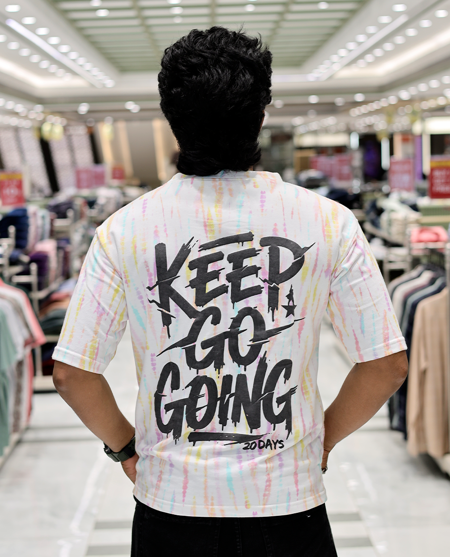 White Oversized Cotton-Blended T-Shirt Features an Abstract Dyed Typography Print, Half-Sleeves, Crew Neck, and Regular Length