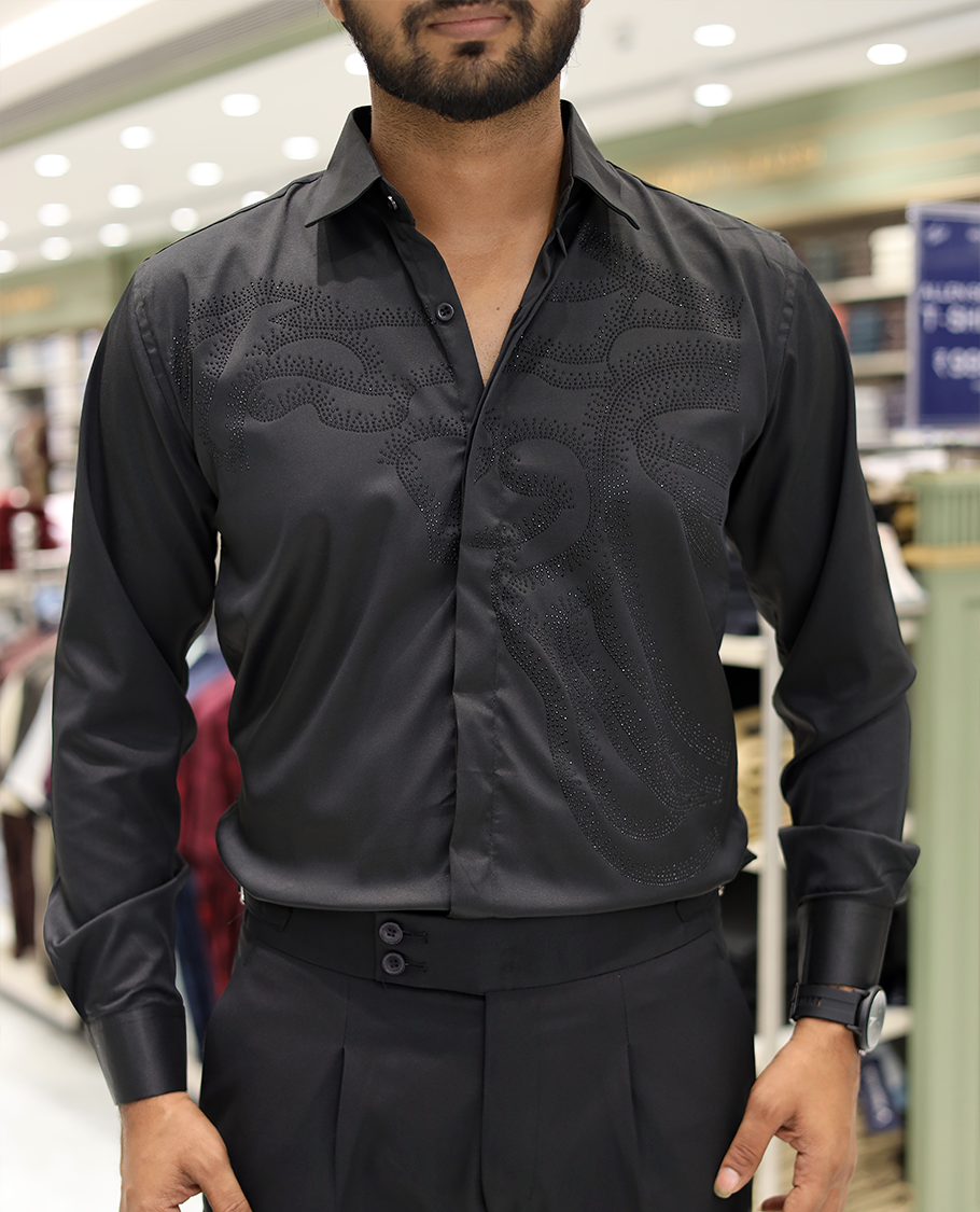Black Poly-Blended Party Wear Shirt, Features Vines-Themed Stone Work, Full Sleeves, a Spread Collar, Slim Fit, and Regular Length 