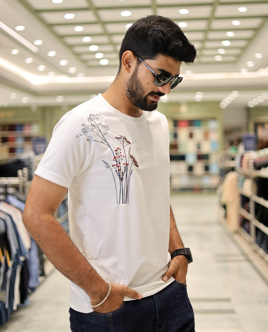White Cotton-Blended T-Shirt Comes with Floral-Theme Embroidered Motifs, Half-Sleeves, a Crew Neck, a Slim Fit, and Regular Length