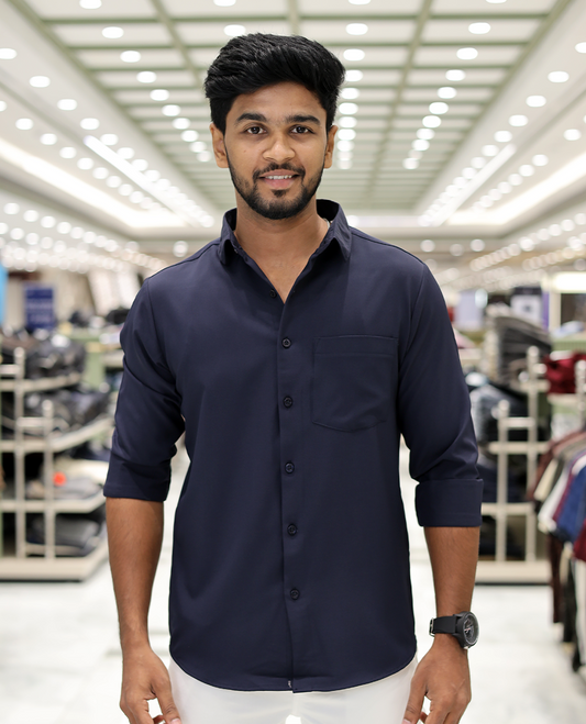 Navy Plain Cotton-Blended Casual Shirt, Comes with Full Sleeves, a Spread Collar, a Slim Fit, and Regular Length