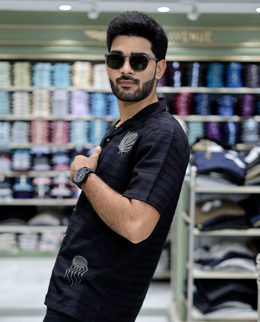 Black Cotton-Blended Casual Shirt Comes with Sea-Themed Embroidery, Half Sleeves, a Cuban Collar, a Boxy Fit, and a Regular Length