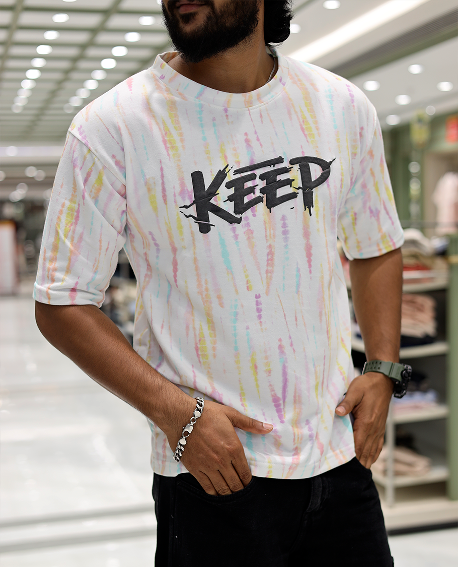 White Oversized Cotton-Blended T-Shirt Features an Abstract Dyed Typography Print, Half-Sleeves, Crew Neck, and Regular Length